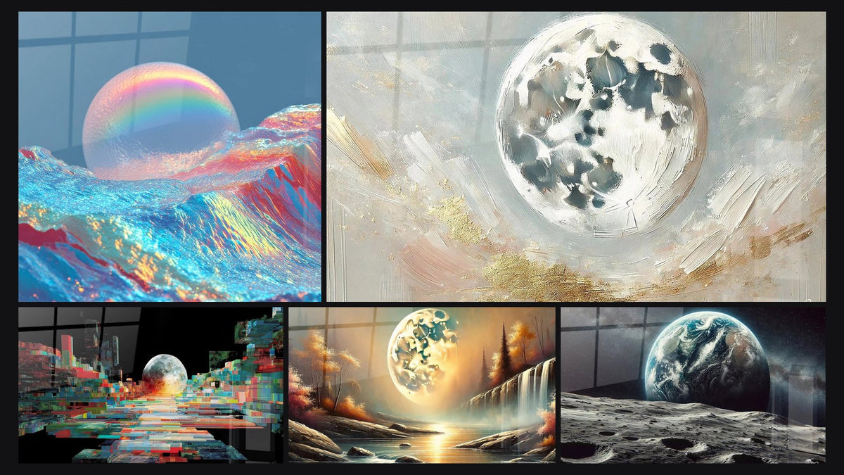 Mosaïque de cinq tableaux, dont Lune Iridescente Vagues, Lune Pixelisée Futuriste et Sérénité Céleste