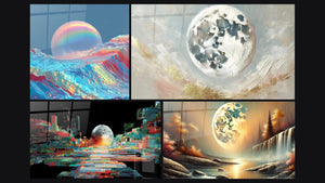Mosaic of four paintings, including Iridescent Moon Waves, Celestial Serenity and The Moon and Gold