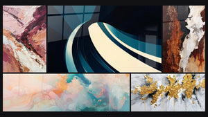 Mosaico de cinco cuadros, entre ellos Onda espiral moderno y Abstracto tierra y blanco con vetas negras