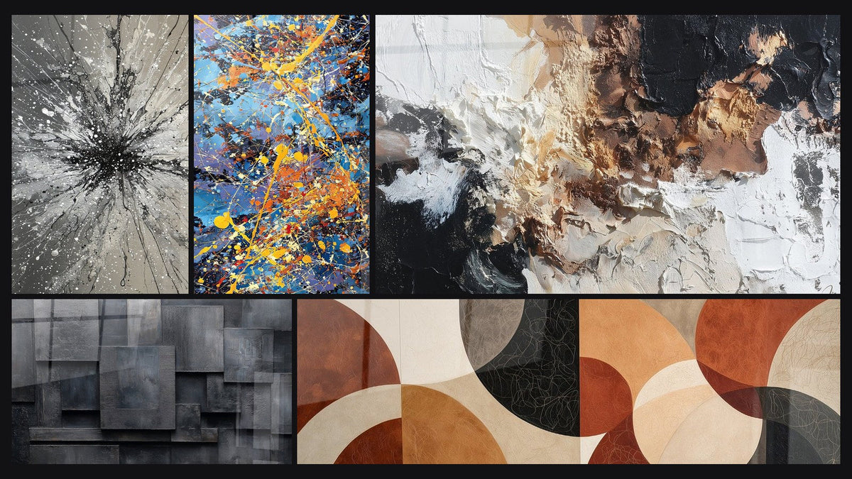Mozaïek van vijf schilderijen, waaronder Abstract geometrisch grijs kolen zwart en Tafel van kleurexplosie