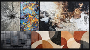 Mosaico de cinco cuadros, entre ellos Explosión de colores y Abstracto texturizado blanco negro bronce