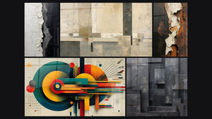 Mosaico de cinco cuadros, entre ellos Textura Agrietada Blanco y Negro y Geométrico Energía Céntrica