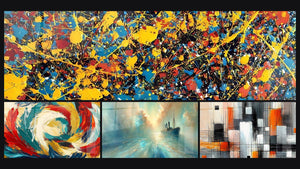 Mosaïque de quatre tableaux, dont Éclaboussures multicolores, Métamorphose Cosmique et Au Cœur de la Brise