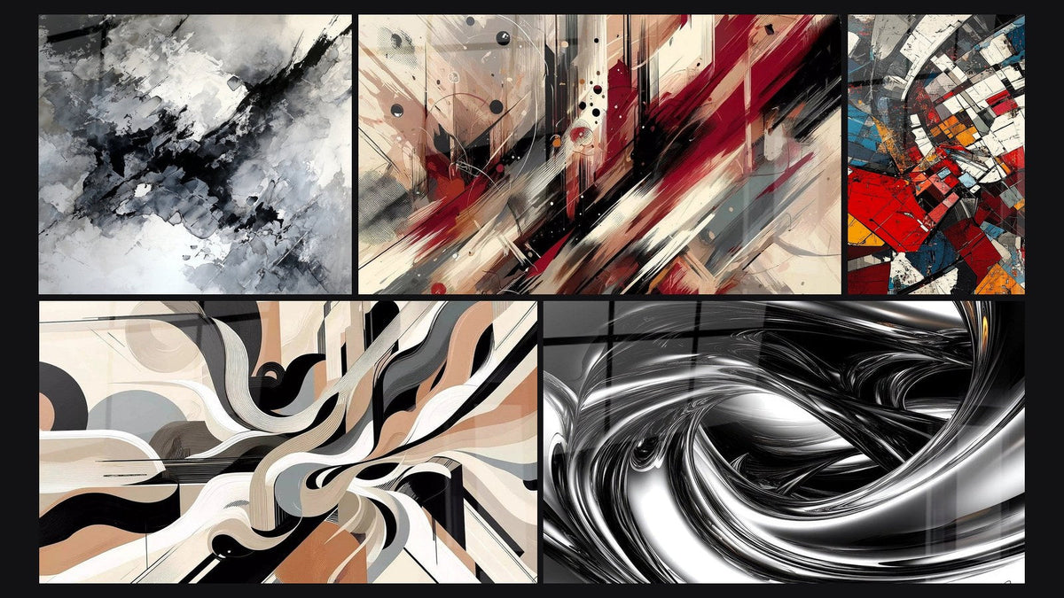 Mosaic of five paintings, including Artistic Turbulence, Graphical Vibrations and Architectural Revolution Modern