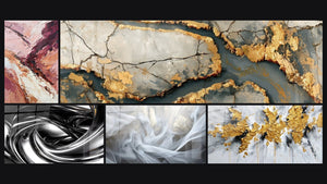 Mosaico de cinco cuadros, entre ellos Mármol Dorado con Grietas Antracita, Remolino metálico y Velos de Luz
