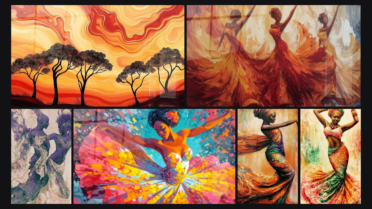 Mosaic of six paintings, including African Lands Nomadic Dreams, Purple Dancers with Marbled Sails and Nubian Queen Woman