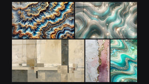 Mosaico de cinco cuadros, entre ellos Marea Dorada, Composición geométrica beige y gris y Ondas Centelleantes