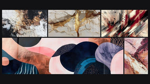 Mosaic of five paintings, including Undulating Symbiosis Coral and Artistic Turbulence