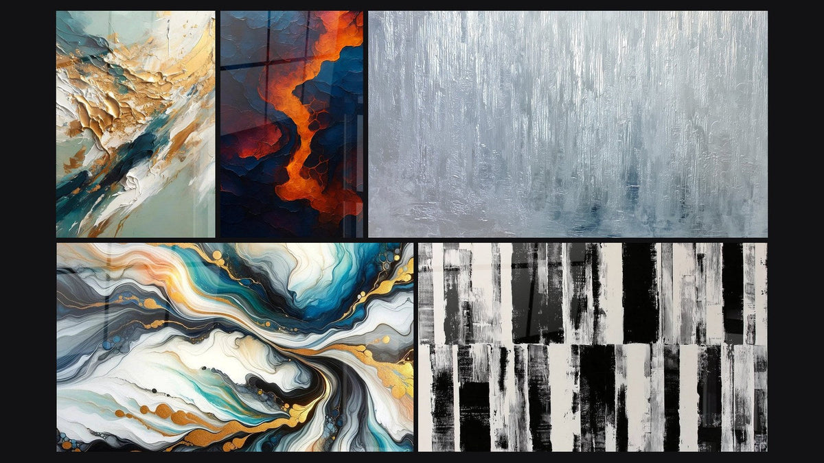 Mosaico de cinco cuadros, entre ellos Flujo y Retroceso Dorado, Abstracto de Corrientes Coloridas y Sangre de la tierra