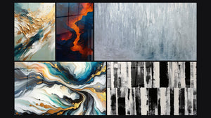 Mosaic of five paintings, including Golden Flux and Reflux, Colorful Currents and Blood of the Earth