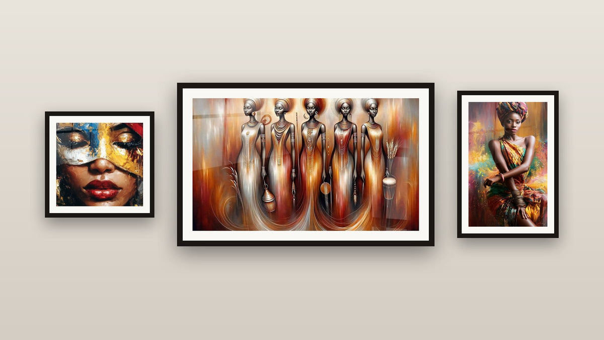 Gallery wall with three framed paintings, including Earth Rituals and Female Face Ancestral Medium