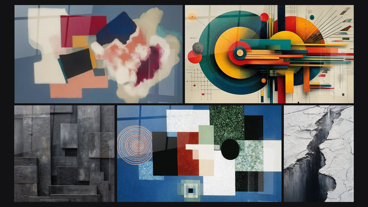 Mosaik aus fünf Gemälden, darunter Geometrische Formen Poesie Quadrat und Geometrische Komposition Rationale Ordnung