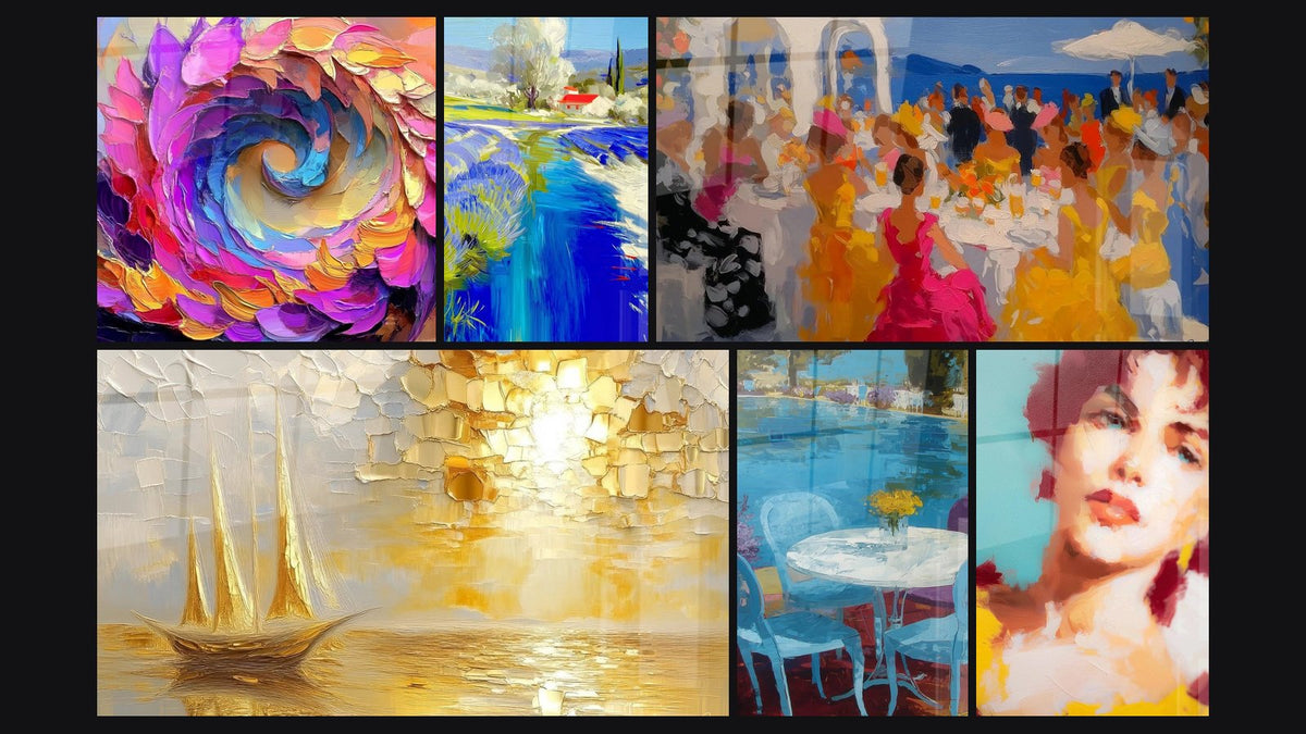 Mosaico di sei quadri, tra cui A spirale colorata, Barca a vela tramonto e Terrazza Repos Estivo