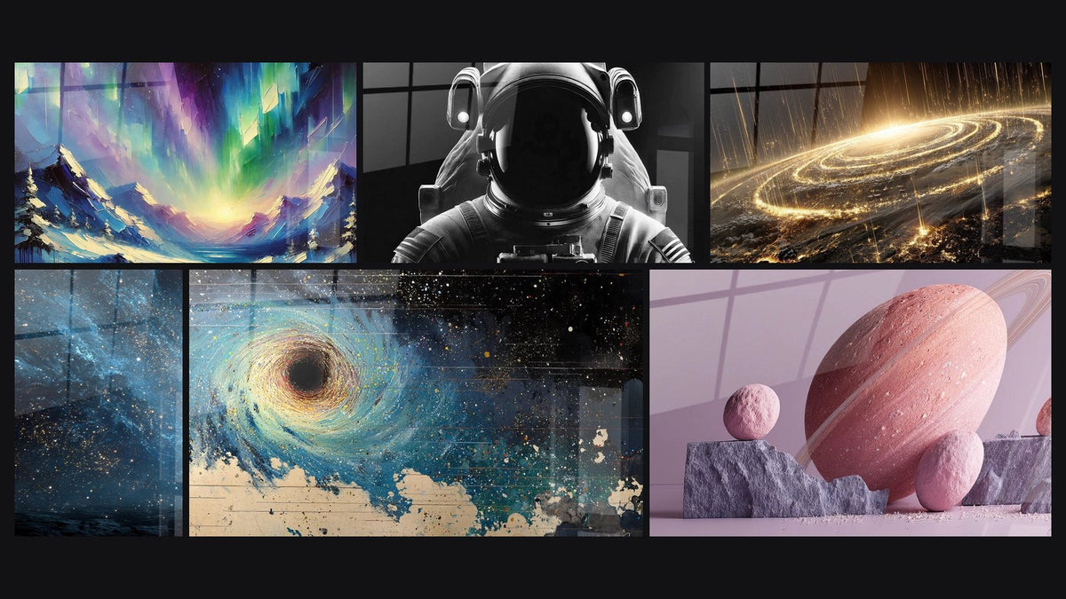 Mosaic of six paintings, including The Sky Mirror, Spatial Silence and Cosmic Ocean Nebula