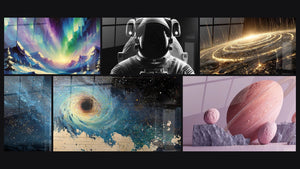 Mosaico de seis cuadros, entre ellos El Espejo de los Cielos, Silencio Espacial y Nebulosa océano cósmico