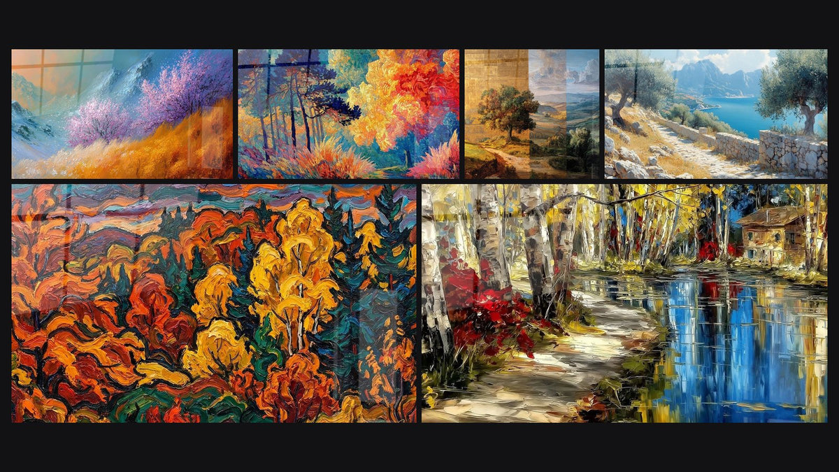 Mozaïek van zes schilderijen, waaronder Berglandschap kersenbloesems en Herfstlandschap Onstuimige Wolken