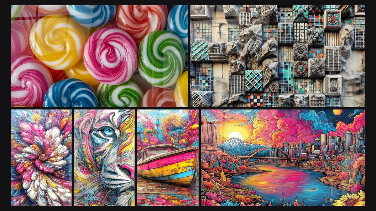 Mosaïque de six tableaux, dont Bonbon N°2, Mur des Secrets et Fleur Abstraite