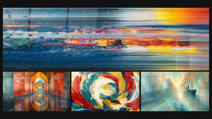 Mosaïque de quatre tableaux, dont Paysage abstrait, Voûtes Chatoyantes Vermillon et Métamorphose Cosmique