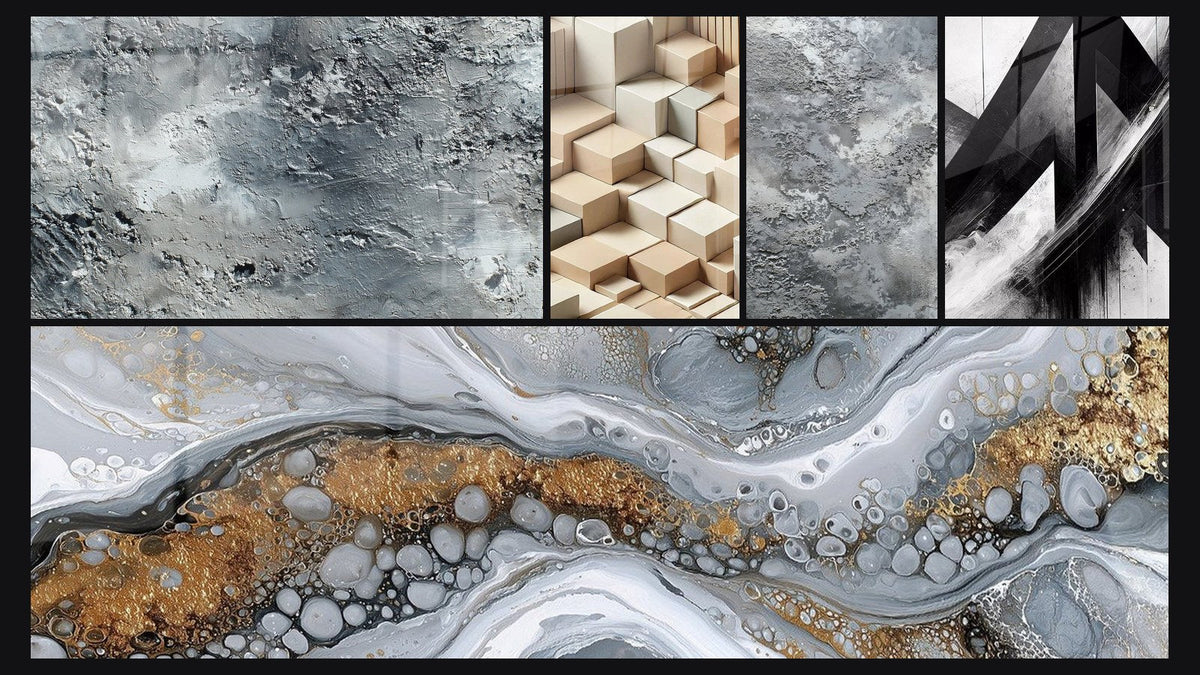 Mosaico de cinco cuadros, entre ellos Abstracto gris plateado texturizado y Minimalismo Esculpido