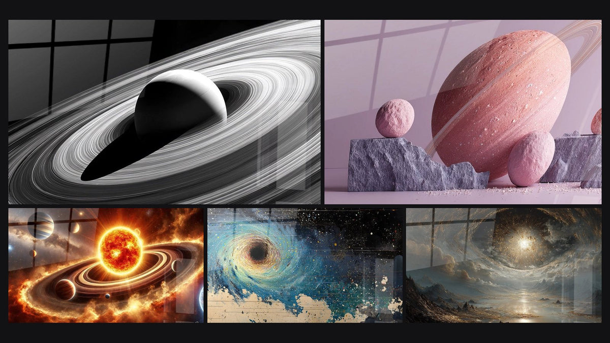 Mozaika pięciu obrazów, w tym Saturn i jego pierścienie, Taniec Tytanów i Czarna dziura kosmiczna