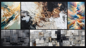 Mozaïek van vijf schilderijen, waaronder Goud Getijde en Eb en Abstract geometrisch grijs kolen zwart