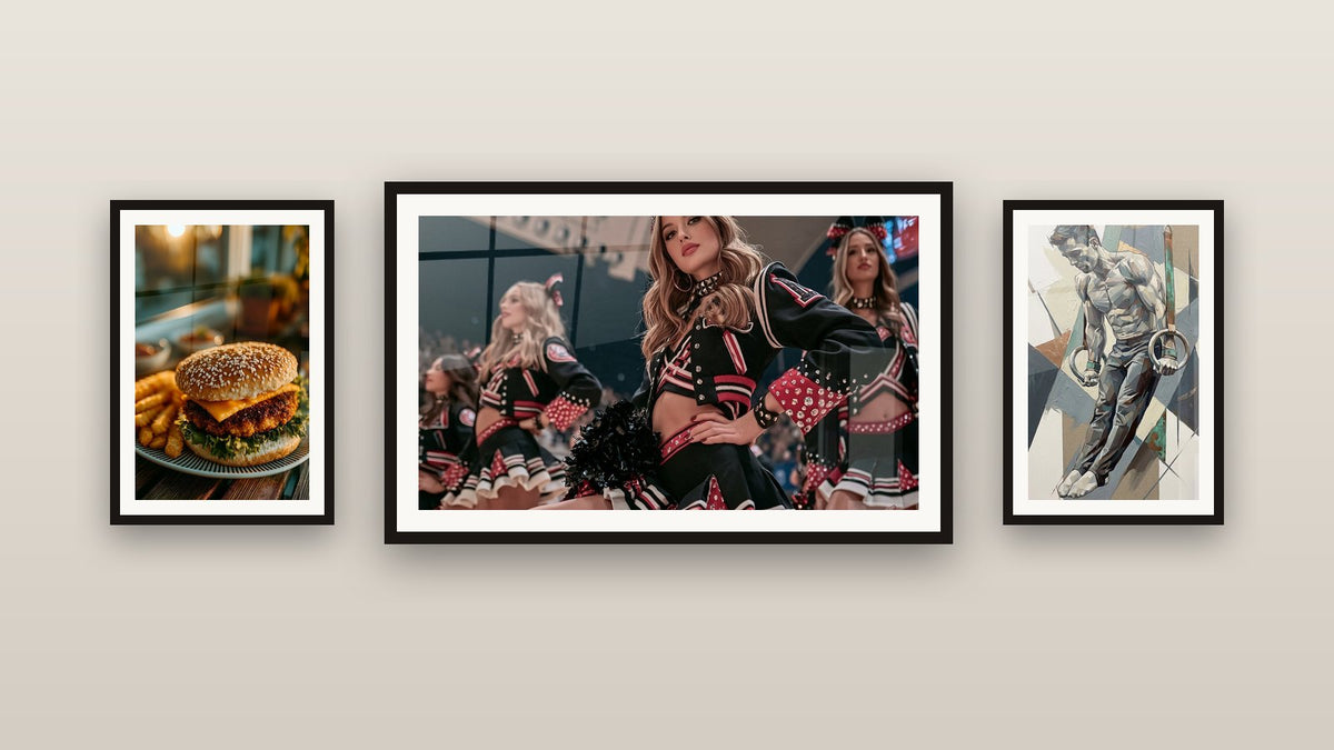 Galerijwand met drie ingelijste schilderijen, waaronder Ring Muscle-Up en Cheerleader in zwart en rood tenue