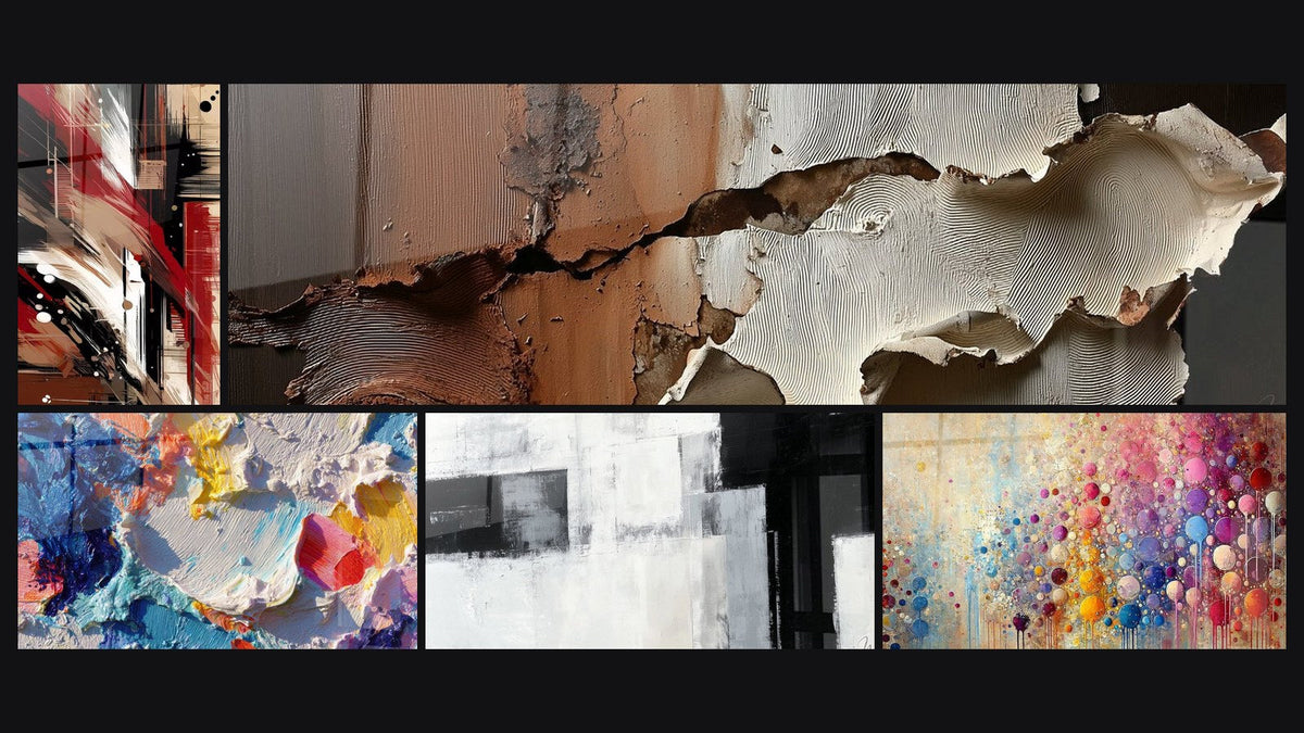 Mosaic of five paintings, including Structured Disorder Abstract and Mosaic Spheres