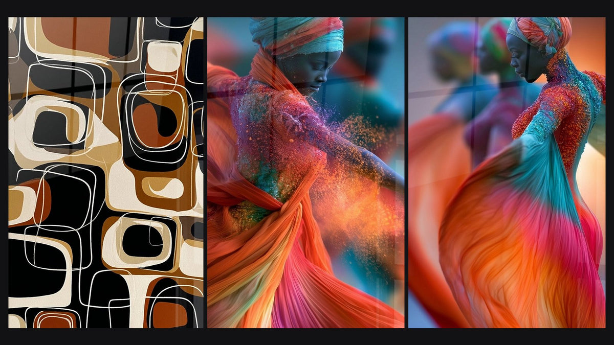 Mosaic of three paintings: Organic Motifs, Dancer in Orange Veil and Turquoise Turban and Dancer Turban Orange and Turquoise