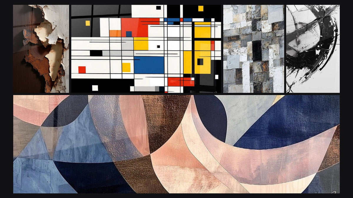 Mosaic of five paintings, including Colorful geometric composition, Abstract Gray and White Mosaic and The Break in Time
