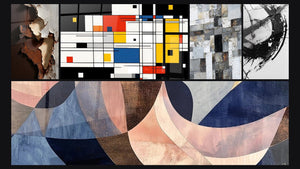 Mozaïek van vijf schilderijen, waaronder Geometrisch gekleurde compositie, De Breuk van de Tijd en Gracieuze Bogen Terracotta