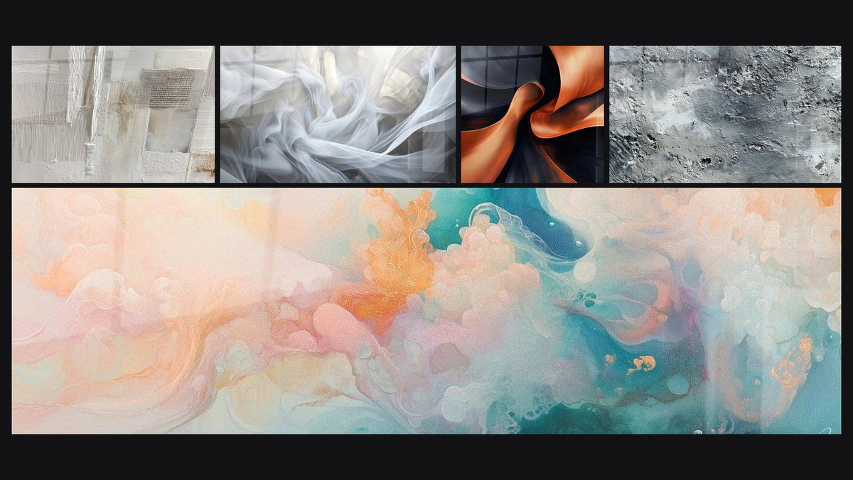 Mosaic of five paintings, including Veils of Light, Sculptural Momentum Copper and Cumulus Floating Pink