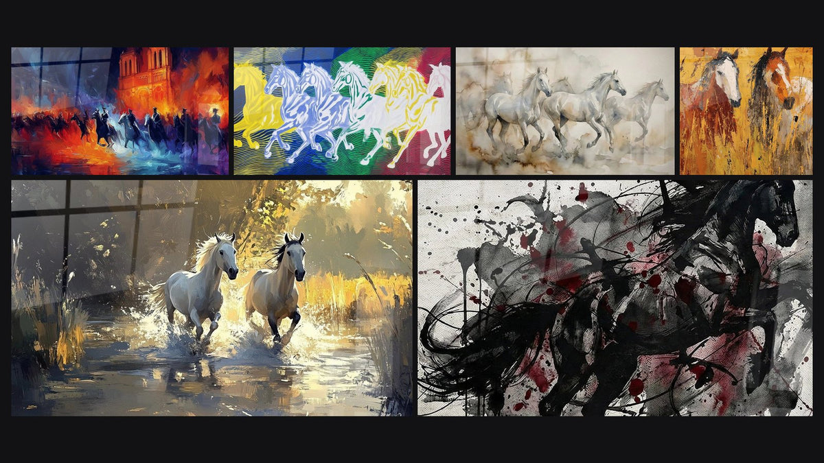 Mosaico de seis cuadros, entre ellos Nuestra Señora de caballos Tormenta y Caballos Galope Hipnótico