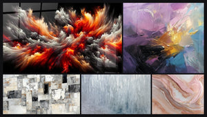 Mozaïek van vijf schilderijen, waaronder Abyssische Zonnestorm en Abstracte gekleurde explosie