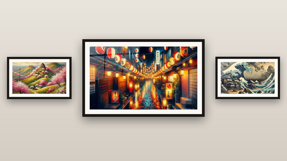 Gallery wall with three framed paintings, including Japanese Artwork No. 3 and Japanese Cherry Blossom Wall Art No. 1