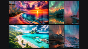 Mosaico de seis cuadros, entre ellos Crepúsculo Flamígero en la Orilla del Mar y Serenidad de Aguas Cristalinas