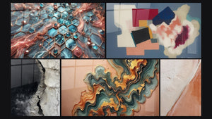 Mosaico de cinco cuadros, entre ellos Redes de Resplandor, Formas geométricas poesía cuadrada y Ola de Cobre