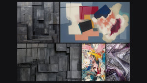 Mosaic of five paintings, including Geometric Forms Square Poetry, Color Explosion and Quartz Blades