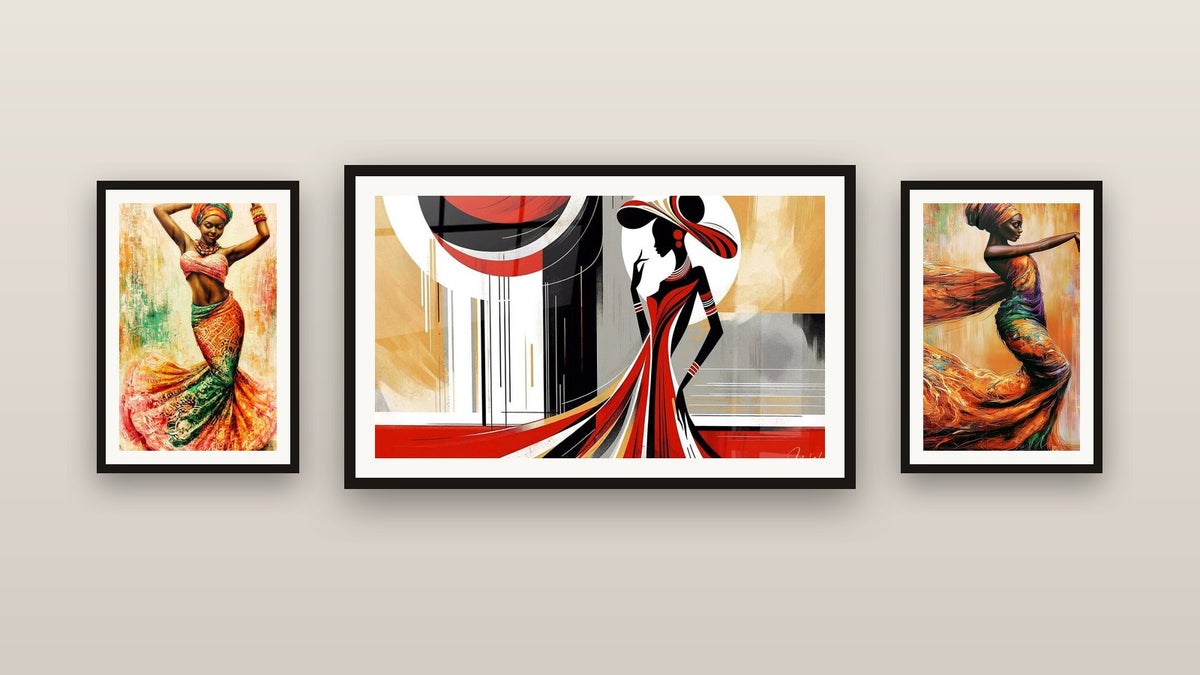 Mur de galerie avec trois tableaux encadrés, dont Art de la Sophistication et Danseuse tourbillon jupe orange et verte