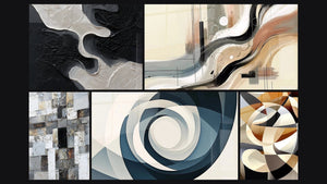 Mosaico de cinco cuadros, entre ellos Sillage Abstracto, Mosaico Abstracto Gris y Blanco y Vortex Azul