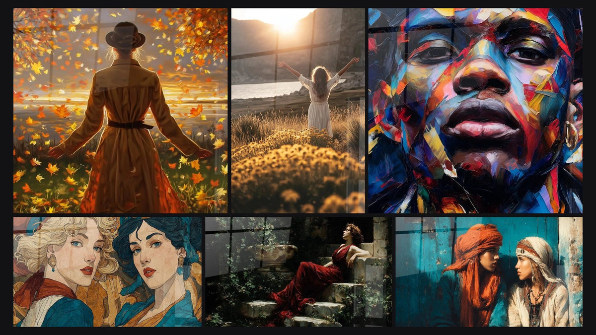 Mosaïque de six tableaux, dont Femme Harmonie Naturelle, Femme liberté Horizon libre et Femmes Beauté Duelle