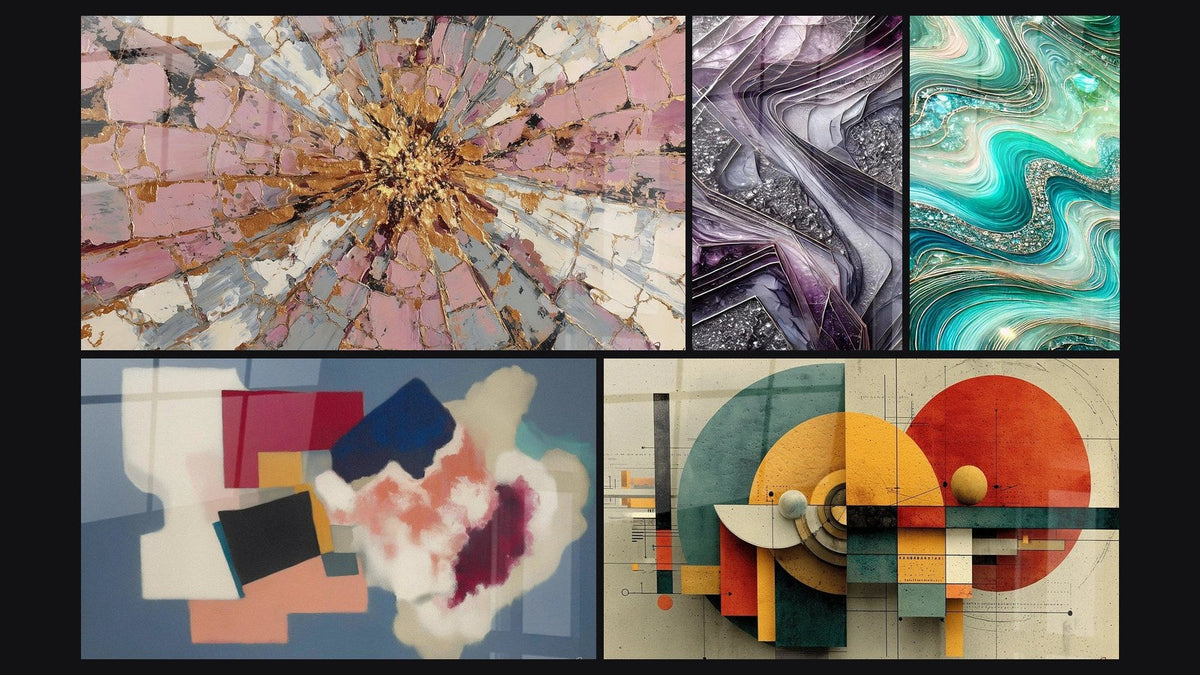 Mosaic of five paintings, including Quartz Blades, Geometric Forms Square Poetry and Crystalline Waves