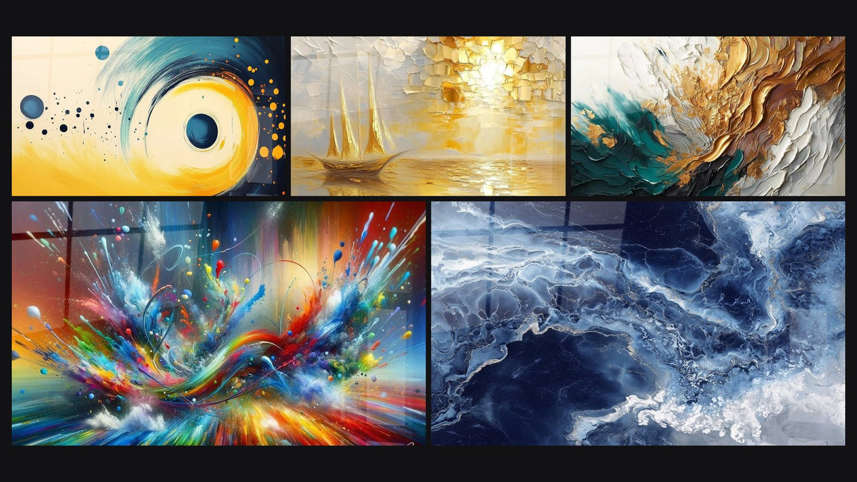 Mosaico di cinque quadri, tra cui A spirale cosmica dorata, Barca a vela tramonto e Traccia in Oro e Giada