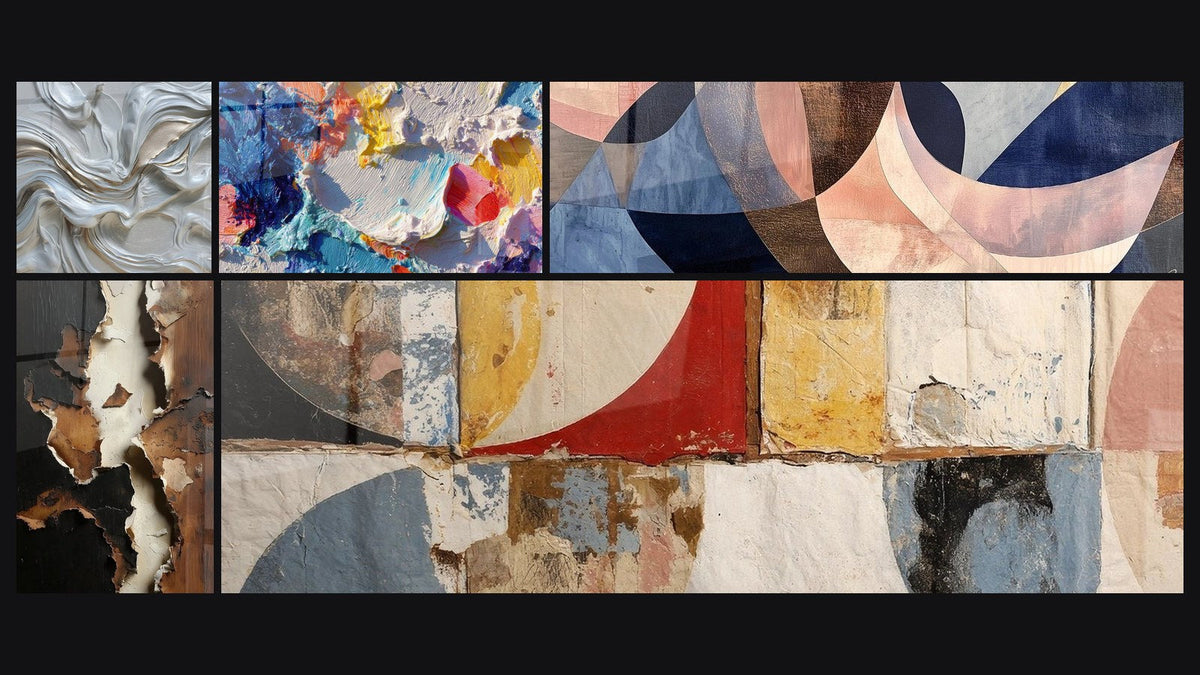 Mosaico de cinco cuadros, entre ellos Fusión Arcos Gráciles Terracota y Formas geométricas abstractas