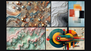 Mosaico de cinco cuadros, entre ellos Mosaico de Cobre, Bruma Esmeralda y Formas Geométricas Contraste Funcional