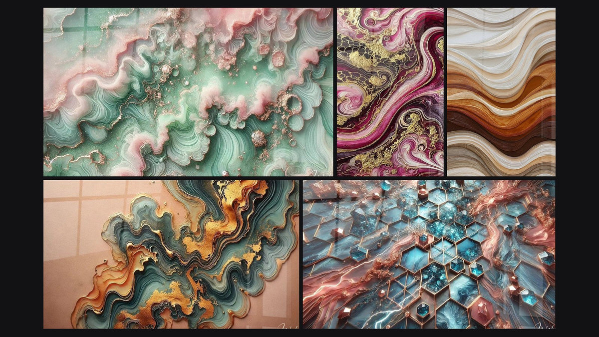 Mosaico de cinco cuadros, entre ellos Bruma Esmeralda, Llamas Púrpura y Ola de Cobre