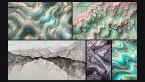 Mosaico de cinco cuadros, entre ellos Ondas Centelleantes, Lámparas de Cuarzo y Bruma Esmeralda