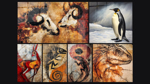 Mosaïque de six tableaux, dont Taureaux primitifs, Manchot souffle du grand sud et Antilope rouge stylisée