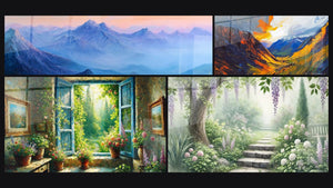 Mosaico de cuatro cuadros, entre ellos Centinelas Azules, Ventana al Jardín y Sendero Encantado