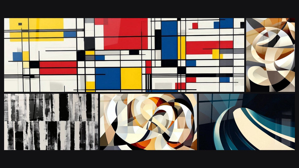 Mosaico di cinque quadri, tra cui Composizione geometrica di, Forme circolari intrecciate di e A onde spiralata moderna