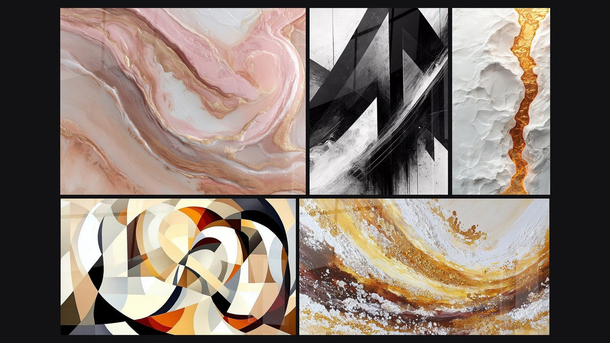 Mosaico de cinco cuadros, entre ellos Trayectorias Fracturadas y Formas circulares entrelazadas